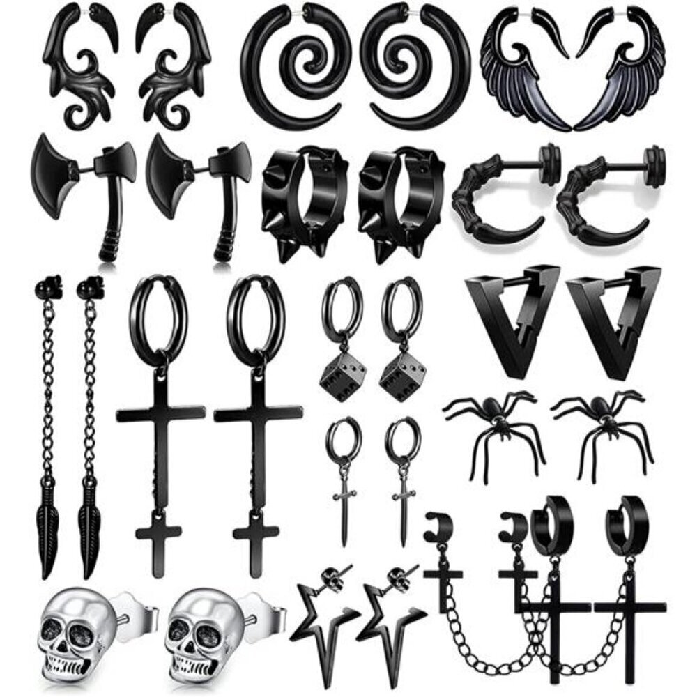 Gothic Punk Earring Set–15 Pairs Black Stainless Steel Studs, Hoops & Drop